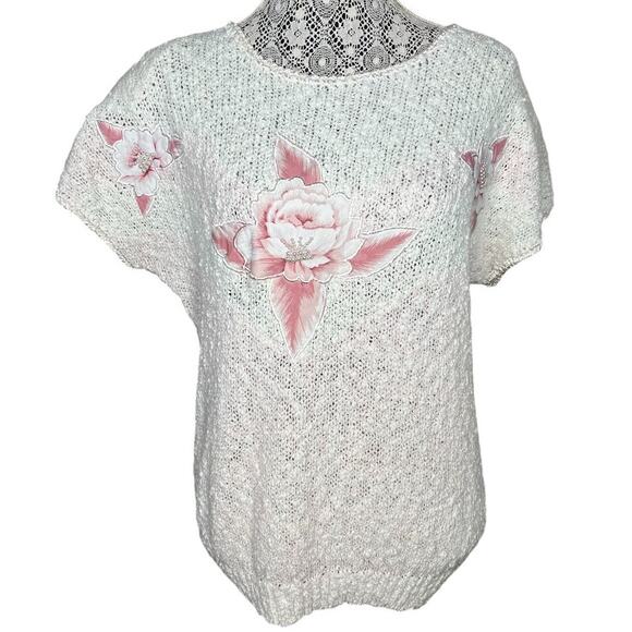 Partners by Mervyns Short Sleeve Knit Floral Pearl Accent Sweater Size Medium - Picture 1 of 7